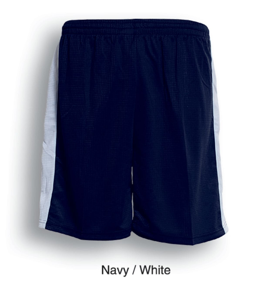 Navy shorts with white side panels, featuring a mesh texture and branding.