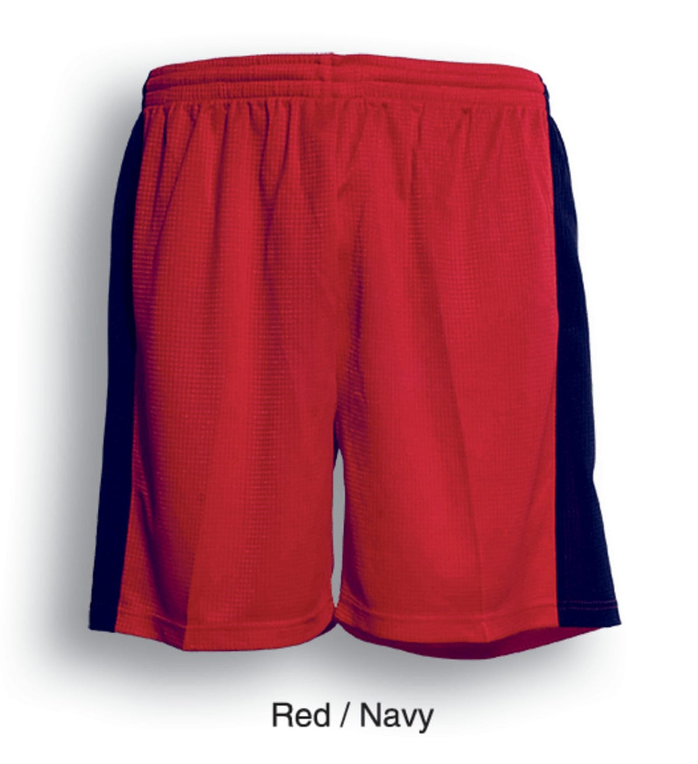 Red and navy sports shorts with a breathable fabric and an elastic waistband, featuring a branding logo.