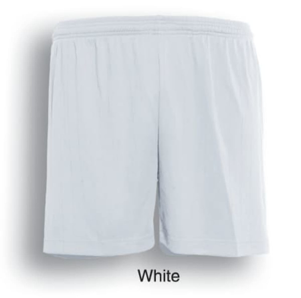 Plain white sports shorts featuring an elastic waistband and no visible logos. Suitable for kids’ activities.