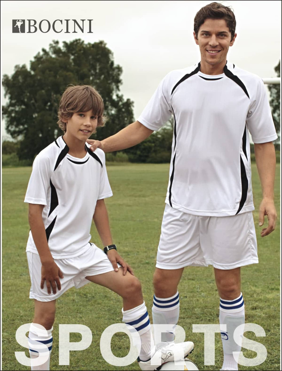A pair of kids’ plain sports shorts in white, featuring black accents. Includes a logo and models wearing matching apparel.