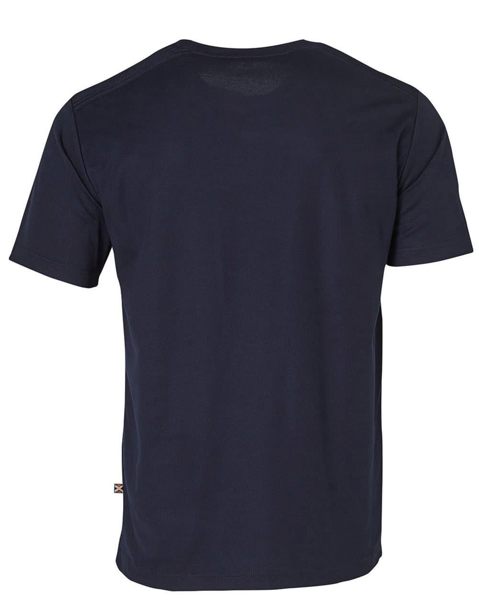 A navy blue short-sleeve work t-shirt featuring a logo on the side. The back view highlights its simple design.