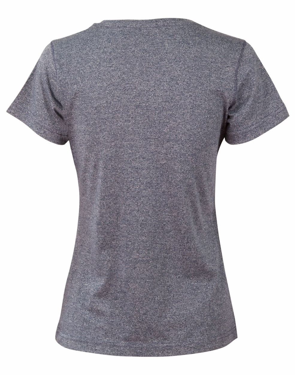 A heather grey short-sleeve women’s tee featuring a rounded neckline and a small logo.