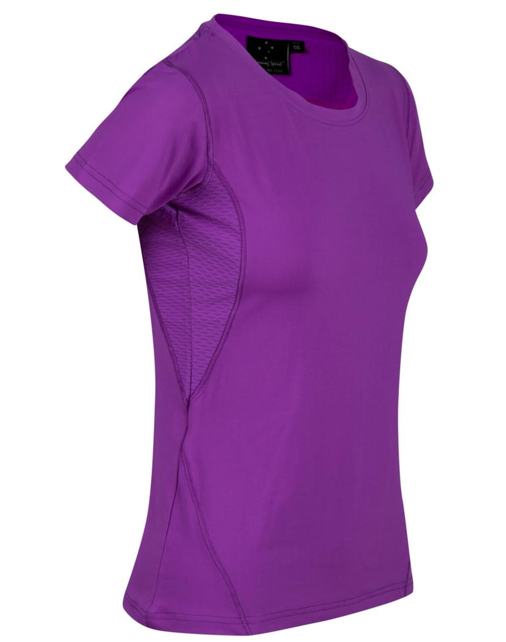 A purple ladies' t-shirt with a fitted design and side panel details. It features a logo on the tag.