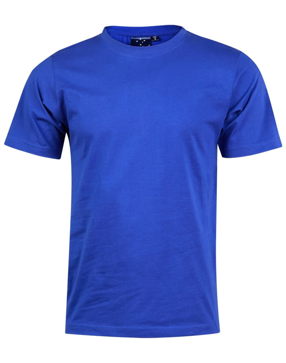A blue semi-fitted cotton t-shirt with short sleeves and a tag label at the neckline. It features a logo.