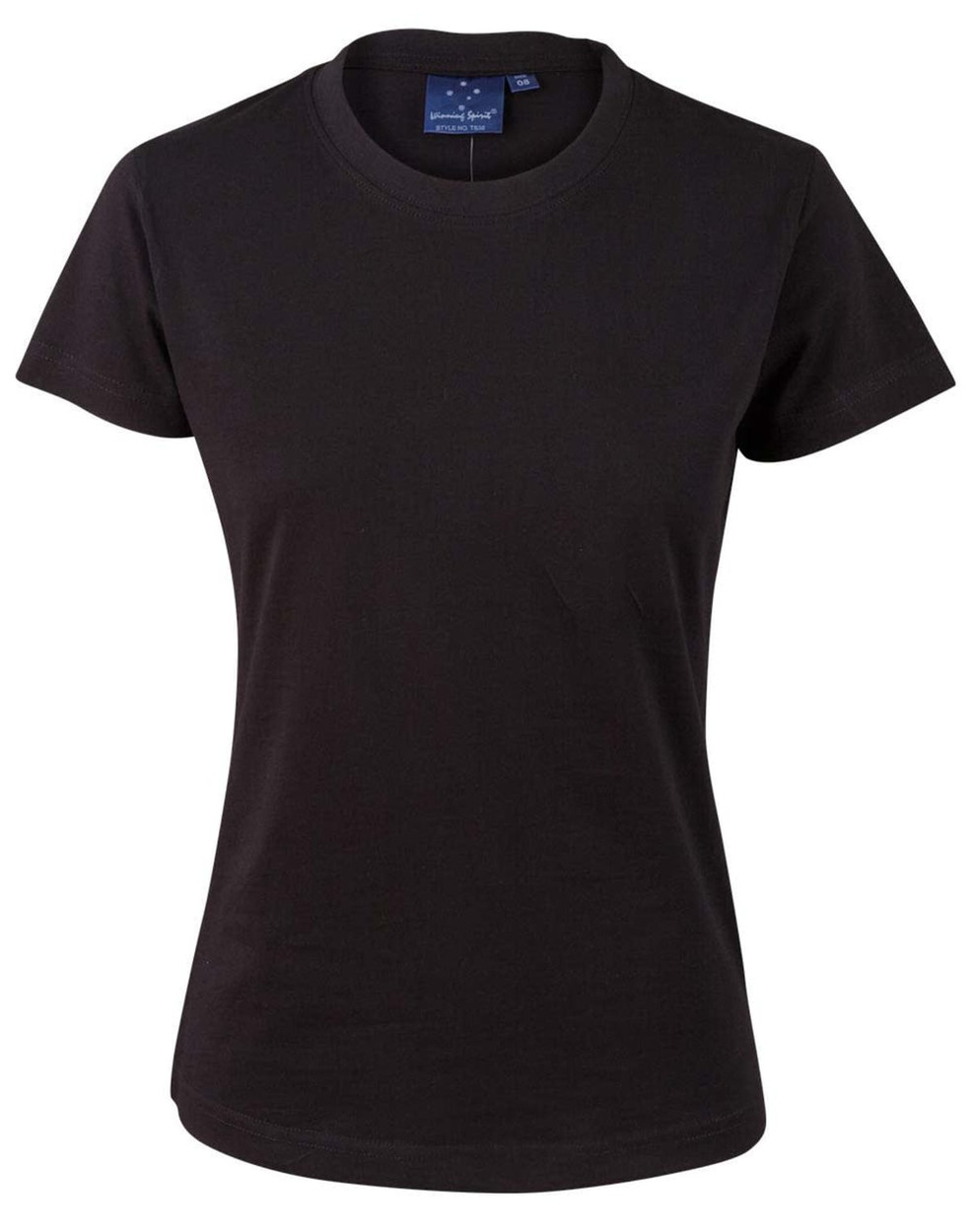 A black ladies' cotton semi-fitted tee with a rounded neckline and short sleeves, featuring a logo tag inside.
