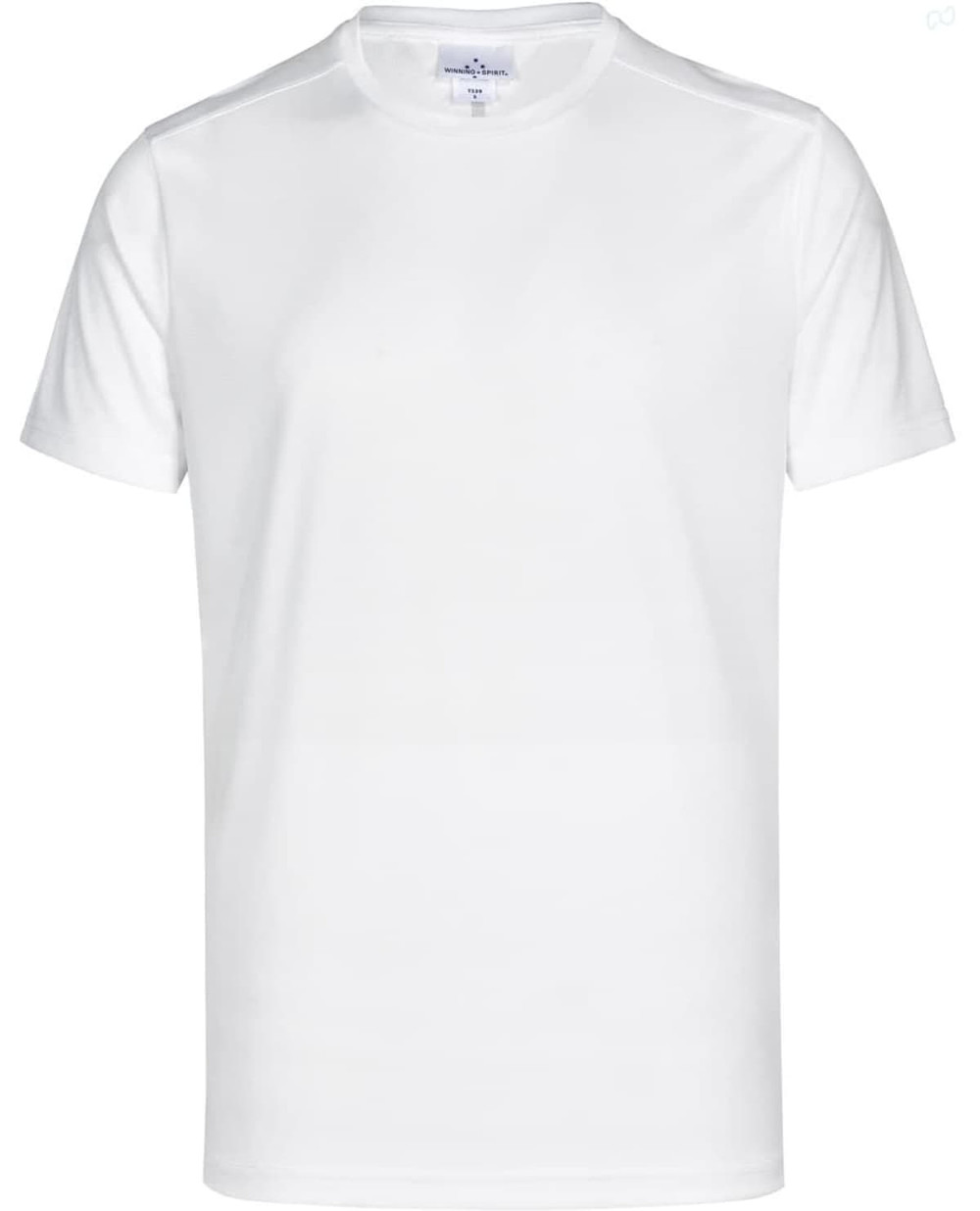 A white short-sleeve performance t-shirt with a logo on the chest. Ideal for athletic and casual wear.
