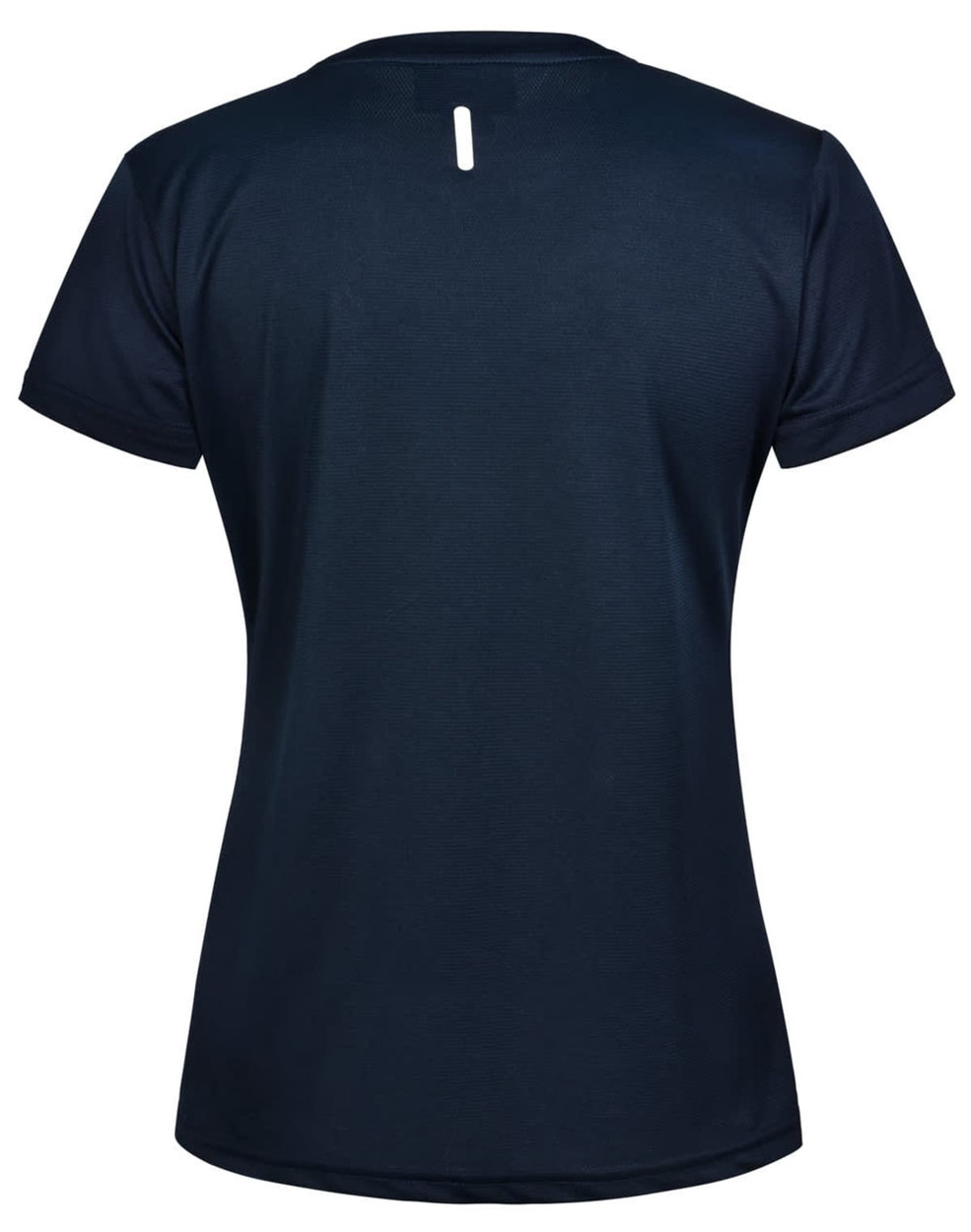 A navy blue ladies' short sleeve performance T-shirt featuring a subtle back detail and a logo.