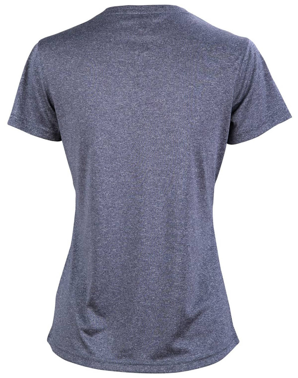 A grey short sleeve tee with a smooth fabric texture and a logo on the back.