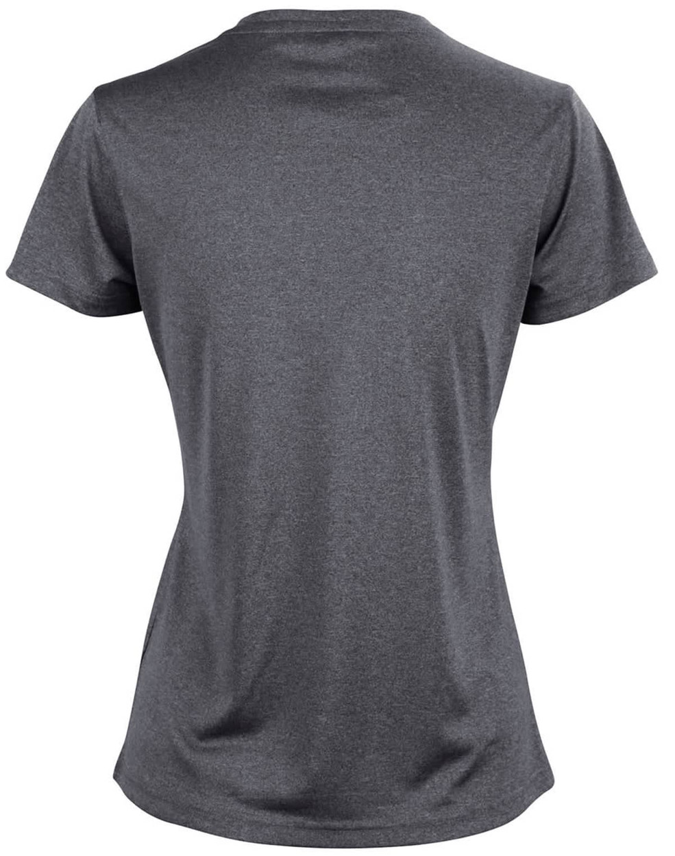 A grey short sleeve tee with a fitted design and a logo on the back.