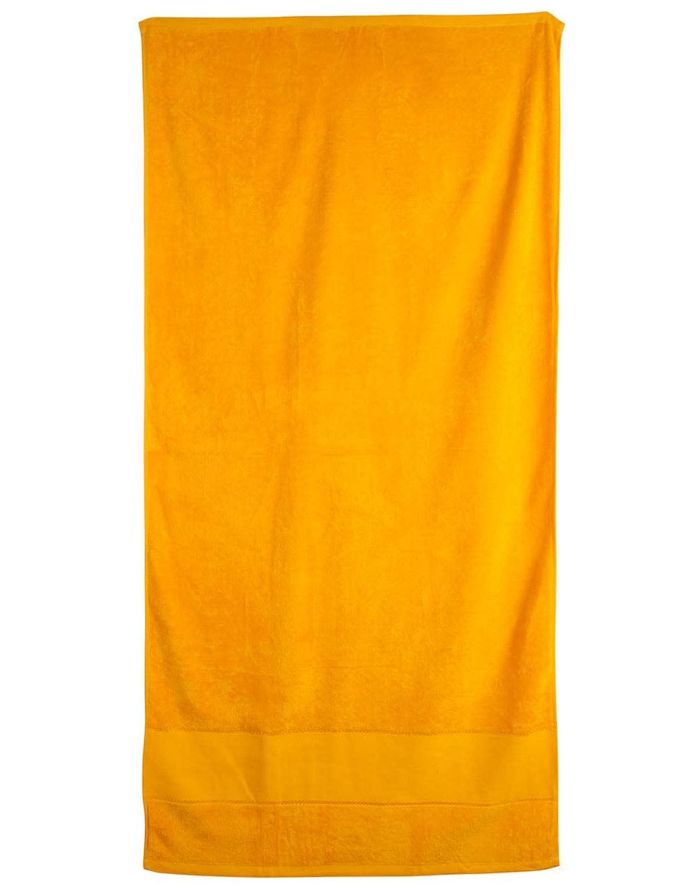 A bright yellow terry velour beach towel, measuring 75x150 cm, featuring a simple design and a logo.