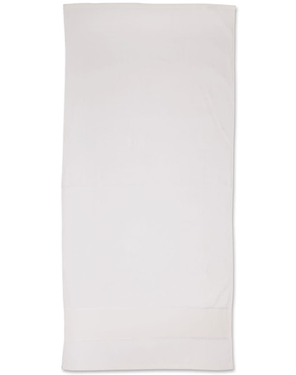 A white terry velour beach towel measuring 75x150 cm, featuring a logo at the edge.