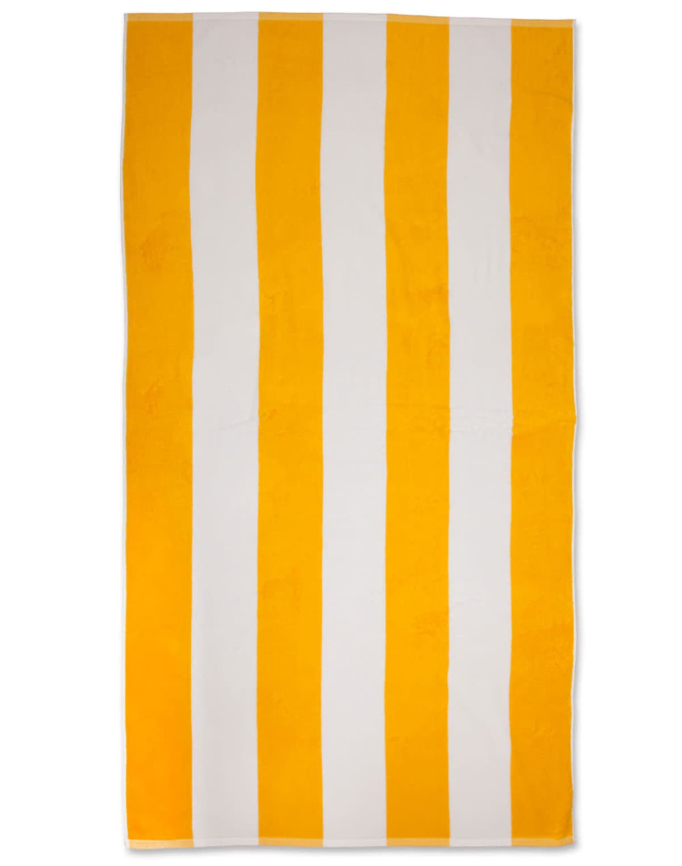 A striped beach towel featuring alternating yellow and white stripes, ideal for outdoor leisure.