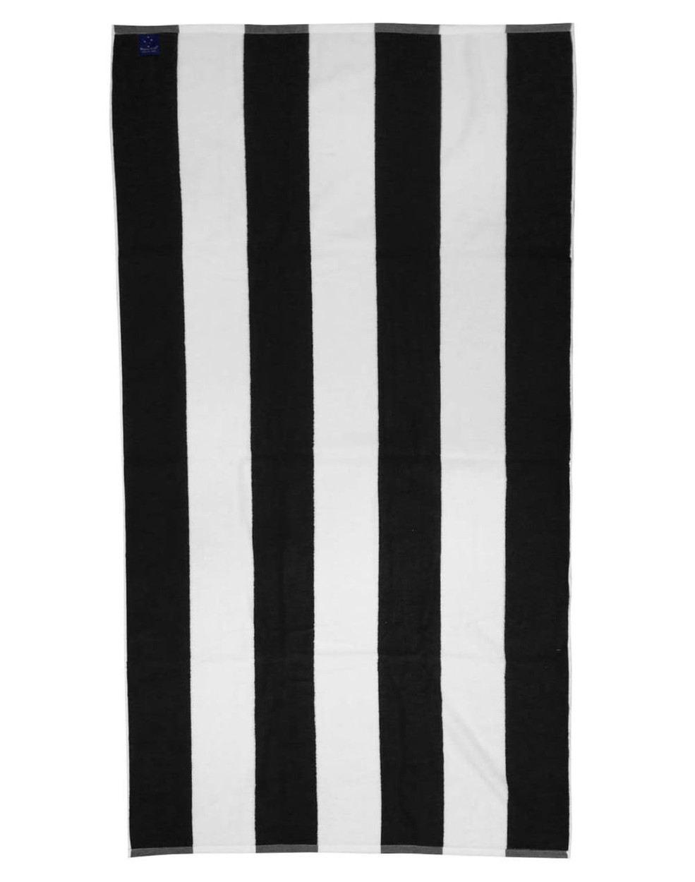 A striped beach towel featuring alternating black and white stripes. The towel includes a logo in one corner.