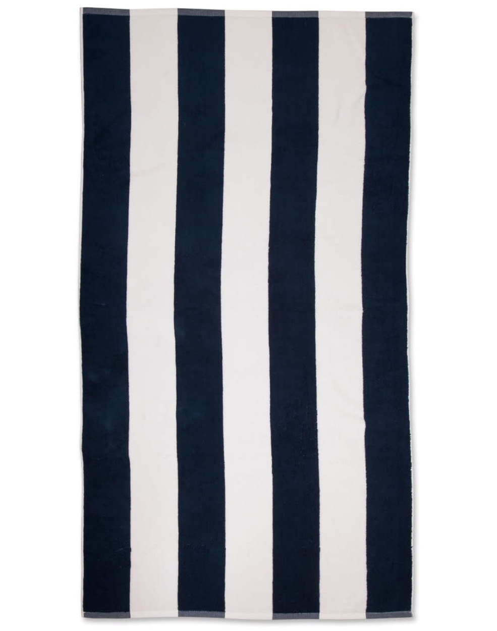A striped beach towel featuring alternating navy blue and white stripes, with a logo at one corner.