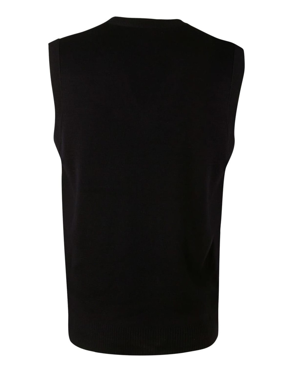 A black V neck wool and acrylic knit vest, featuring a sleeveless design and ribbed bottom hem.