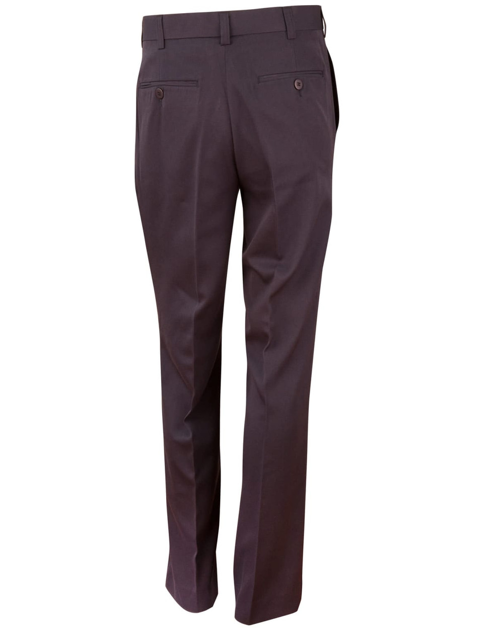 Dark grey men's permanent press slacks, featuring a straight-leg cut and back pockets. The pants have a sleek appearance.