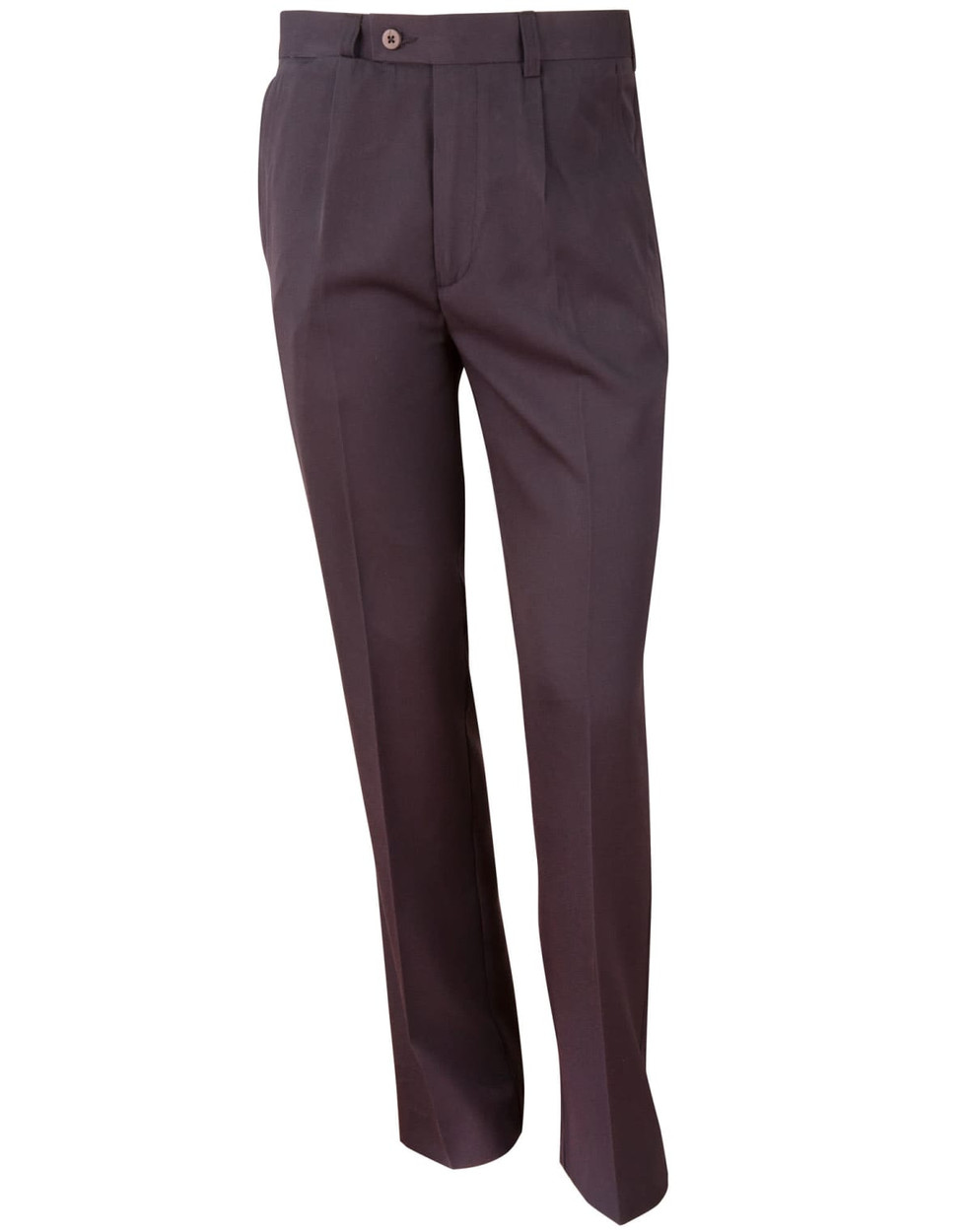 Men's permanent press pants in a dark shade, featuring a tailored fit and a simple design. Includes a logo.
