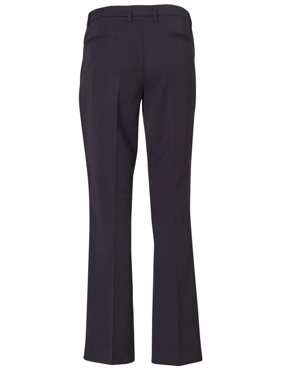 A pair of black ladies' slacks with a flared leg and back pockets. The pants feature a polished finish.