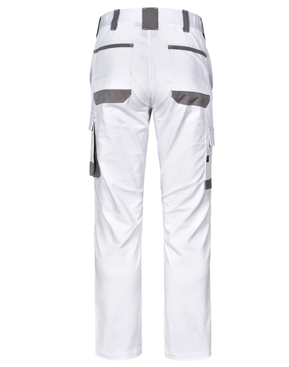 Unisex utility stretch cargo work pants in white, featuring multiple pockets and a logo.