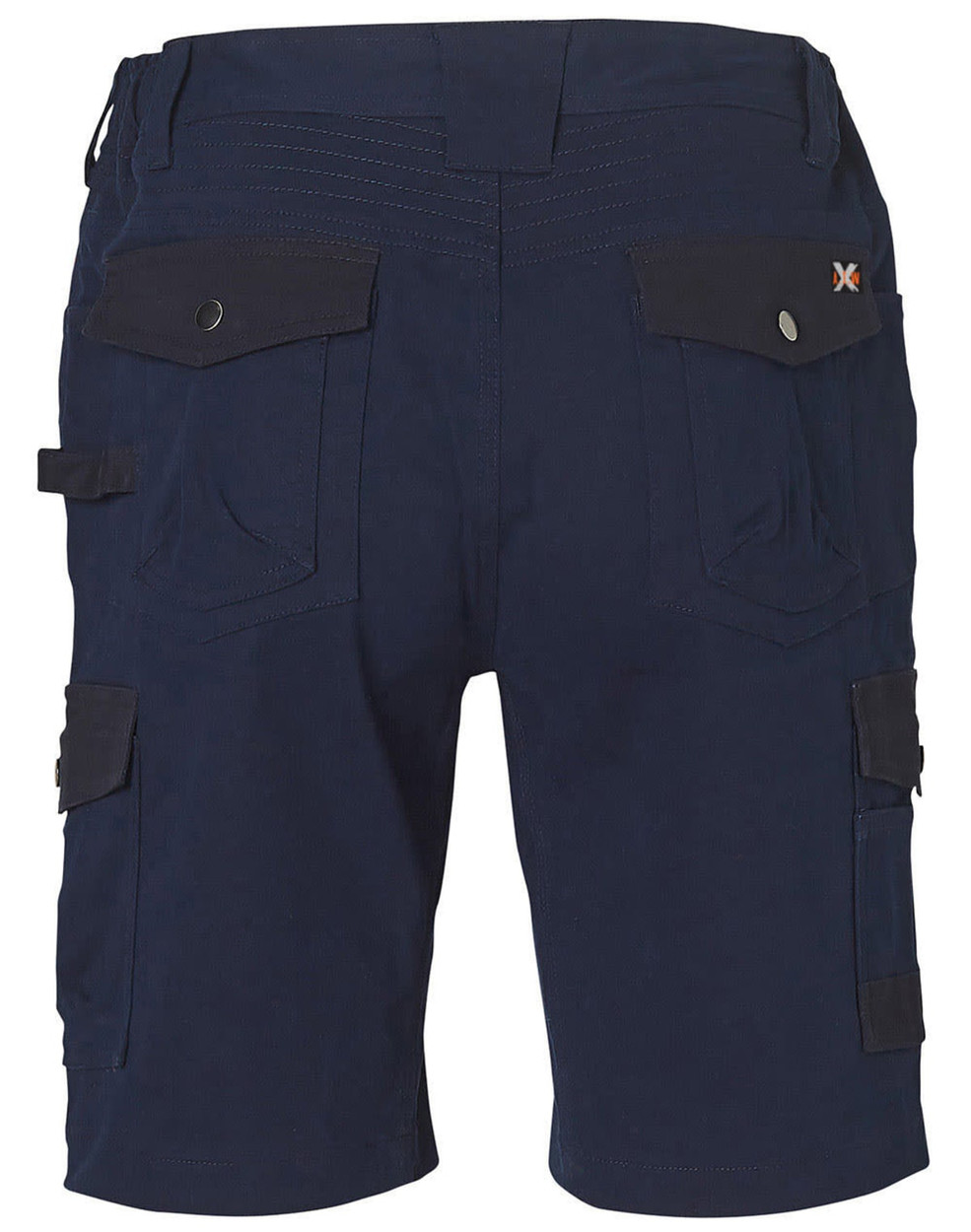 A pair of navy work shorts featuring multiple pockets and a logo on the waistband.