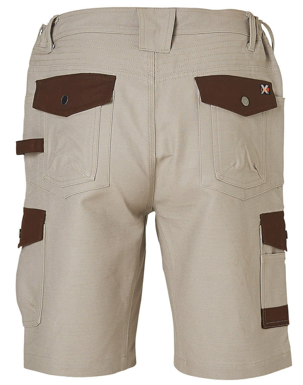 Beige work shorts featuring brown accents and pockets, with a logo on the back.