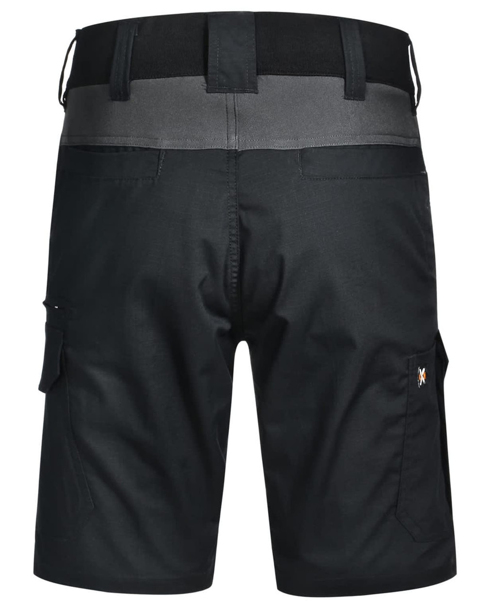Work shorts in black with a grey waistband, featuring pockets and a logo on the side.