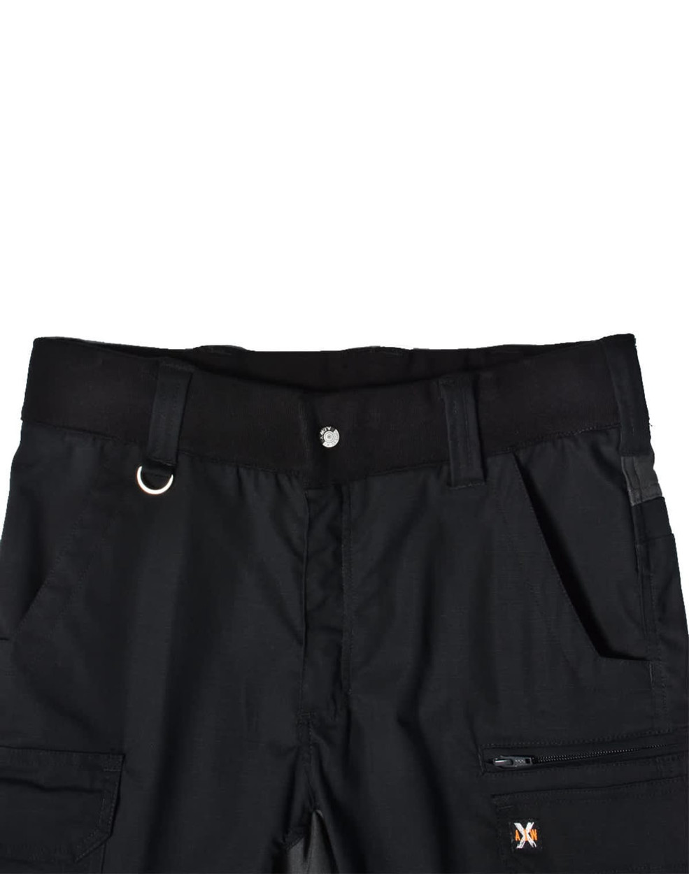 Black Rip-Stop Poly/Cotton Stretch Work Shorts featuring a waistband and multiple pockets. Includes a logo detail.