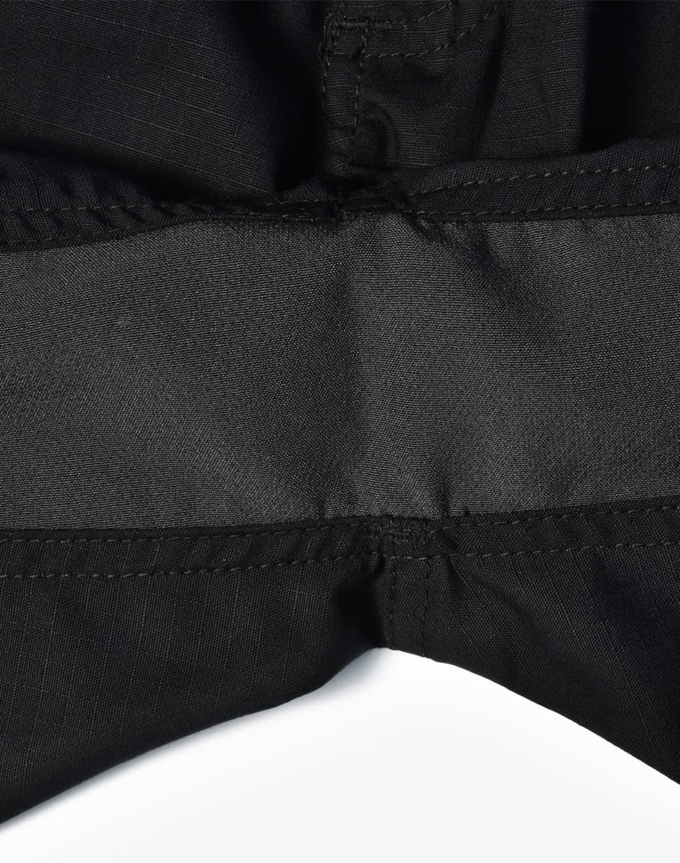 A close-up of black rip-stop poly/cotton stretch work shorts featuring a waistband detail. The shorts have a logo.