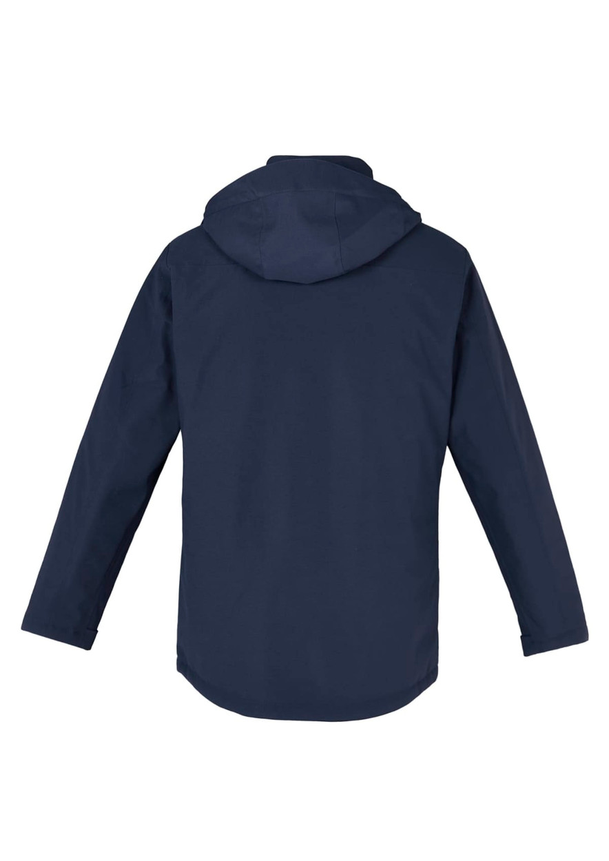 A navy rain jacket with a hood, featuring long sleeves and a plain design on the back. It includes a logo.