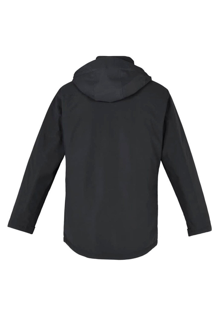 A black men's rain jacket with a hood, featuring a simple design and a branded logo.