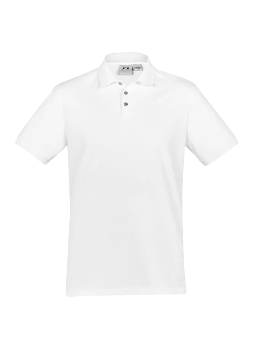 A white short sleeve polo shirt with a three-button placket and a small logo on the chest.