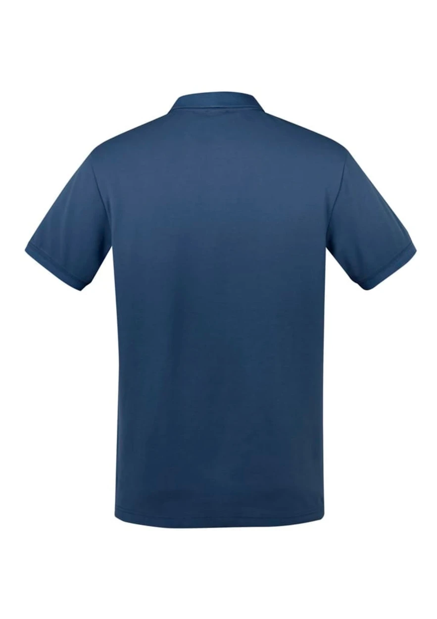 A navy blue short sleeve polo shirt with a classic collar and a logo on the back.