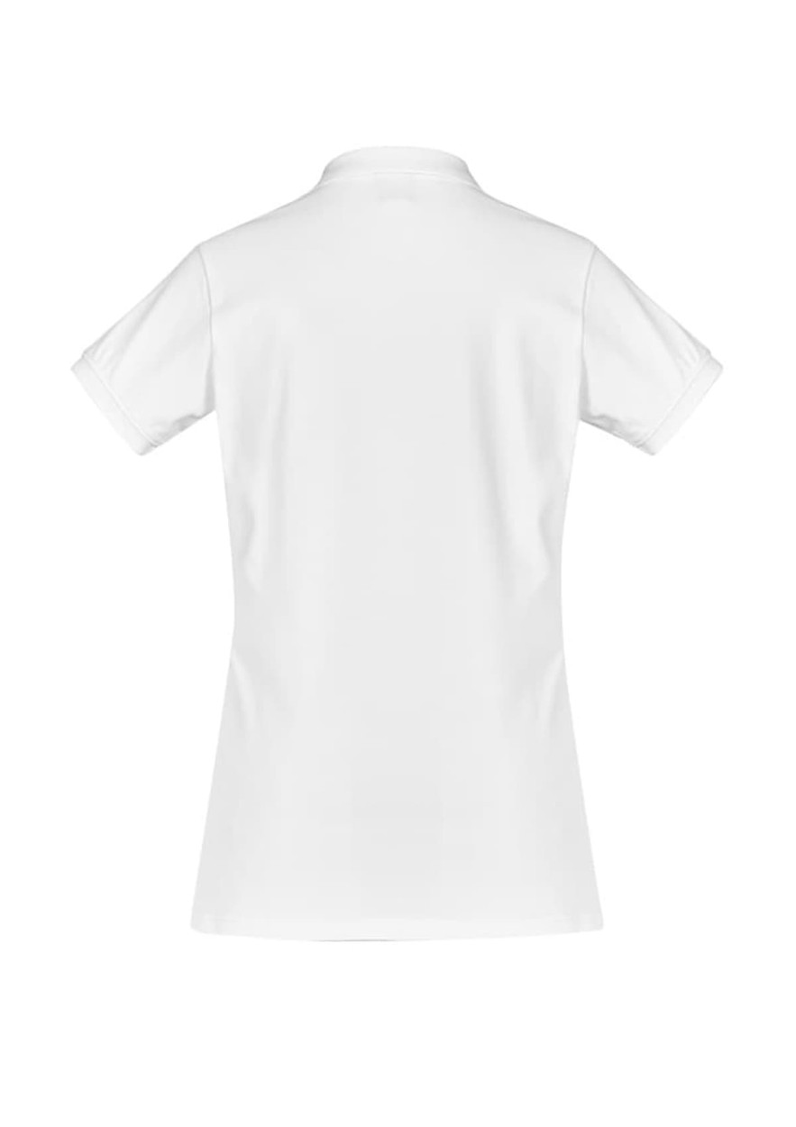 A women's short sleeve polo shirt in white, featuring a classic polo collar and a back view.