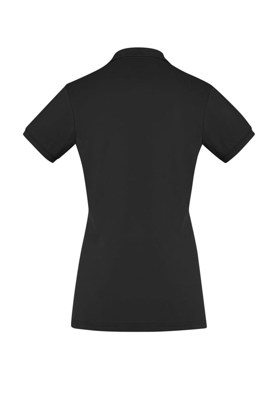 Black women's short sleeve polo shirt featuring a classic polo collar and fitted design. Includes a logo on the front.
