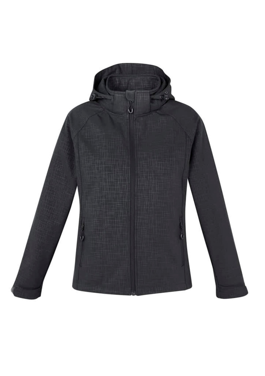 A women's soft shell jacket in dark grey with a textured pattern, featuring a hood and zipper closures.