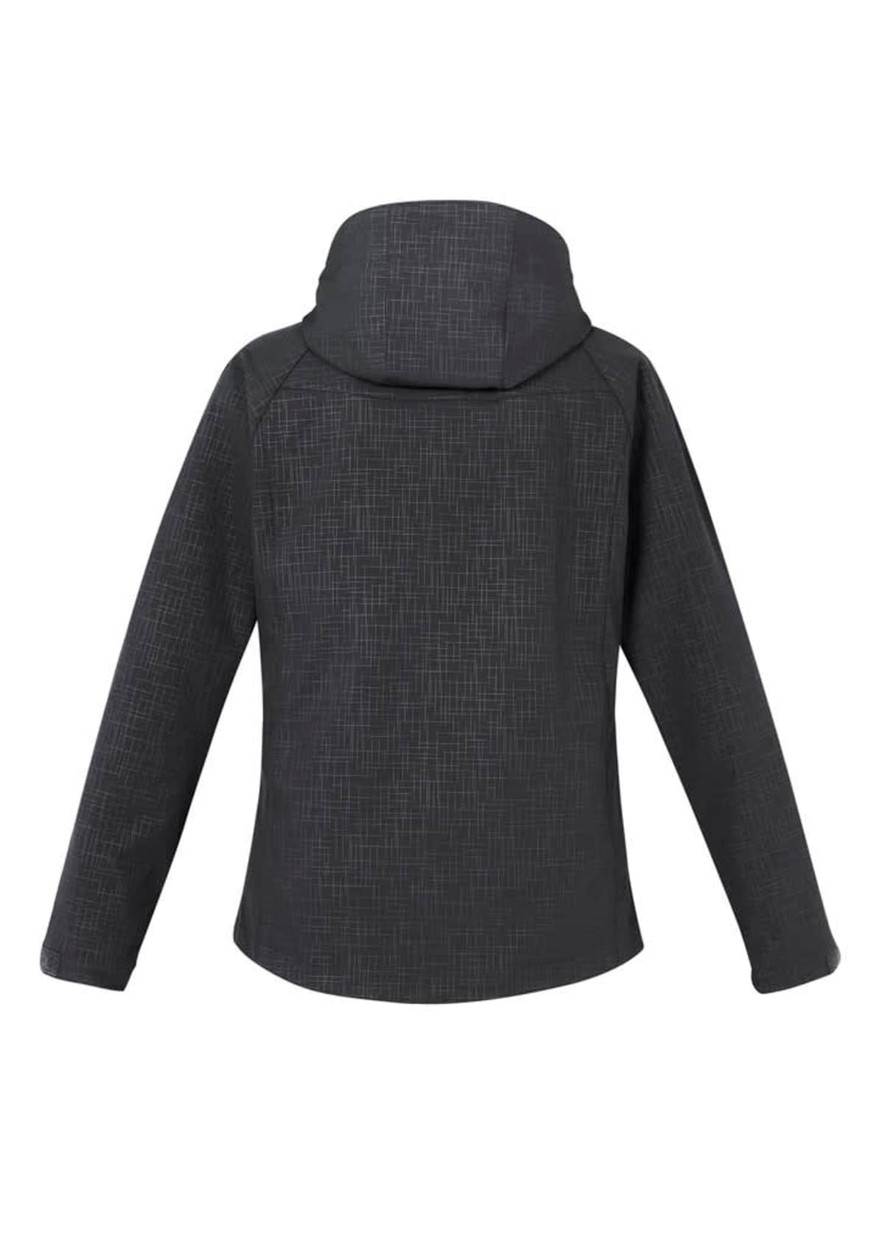 A women's soft shell jacket in dark grey with a textured pattern and a hood, featuring a logo.