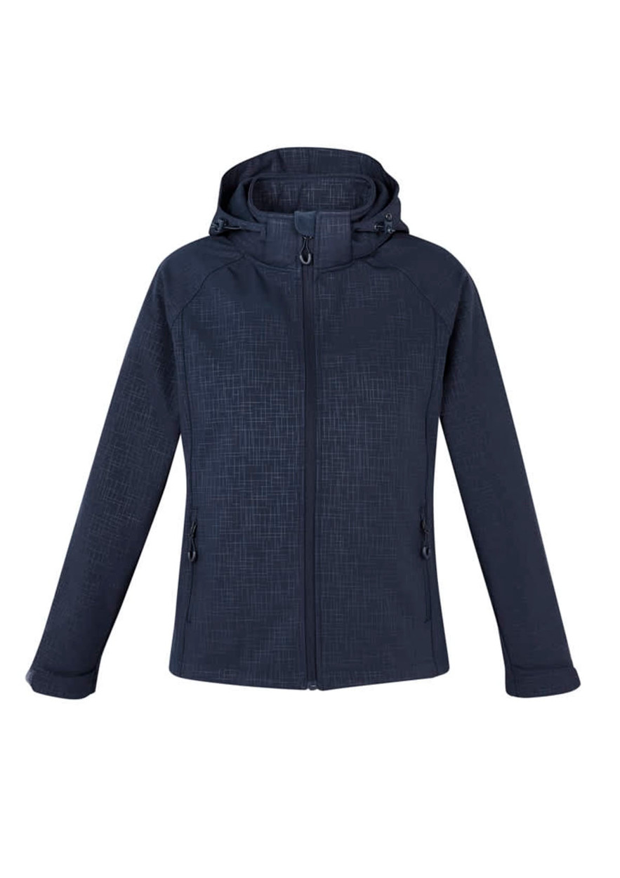 A navy women's soft shell jacket with a hood, featuring a textured pattern and zipped pockets.