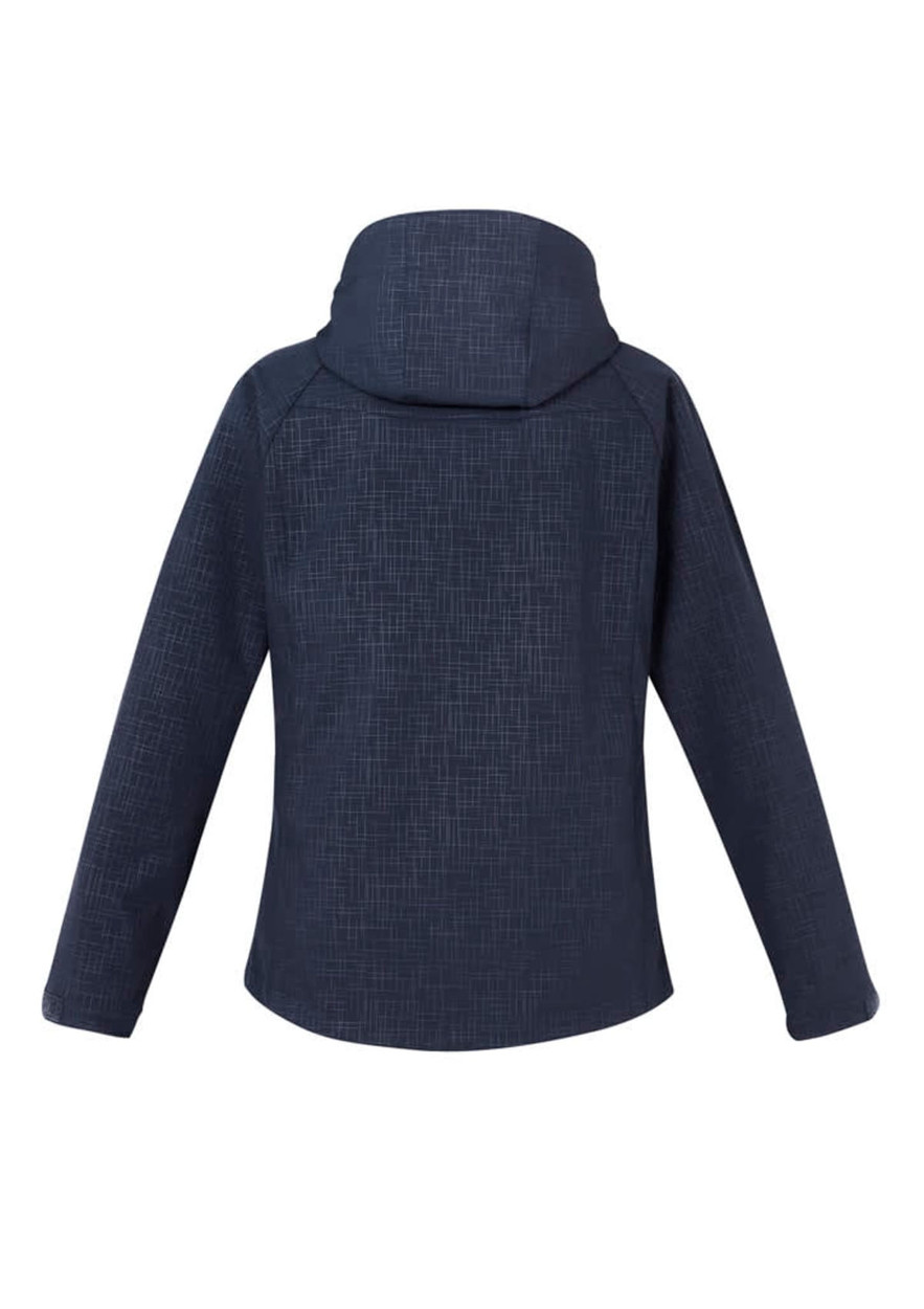 A dark navy soft shell jacket with a textured pattern and a hood, featuring a logo on the back.