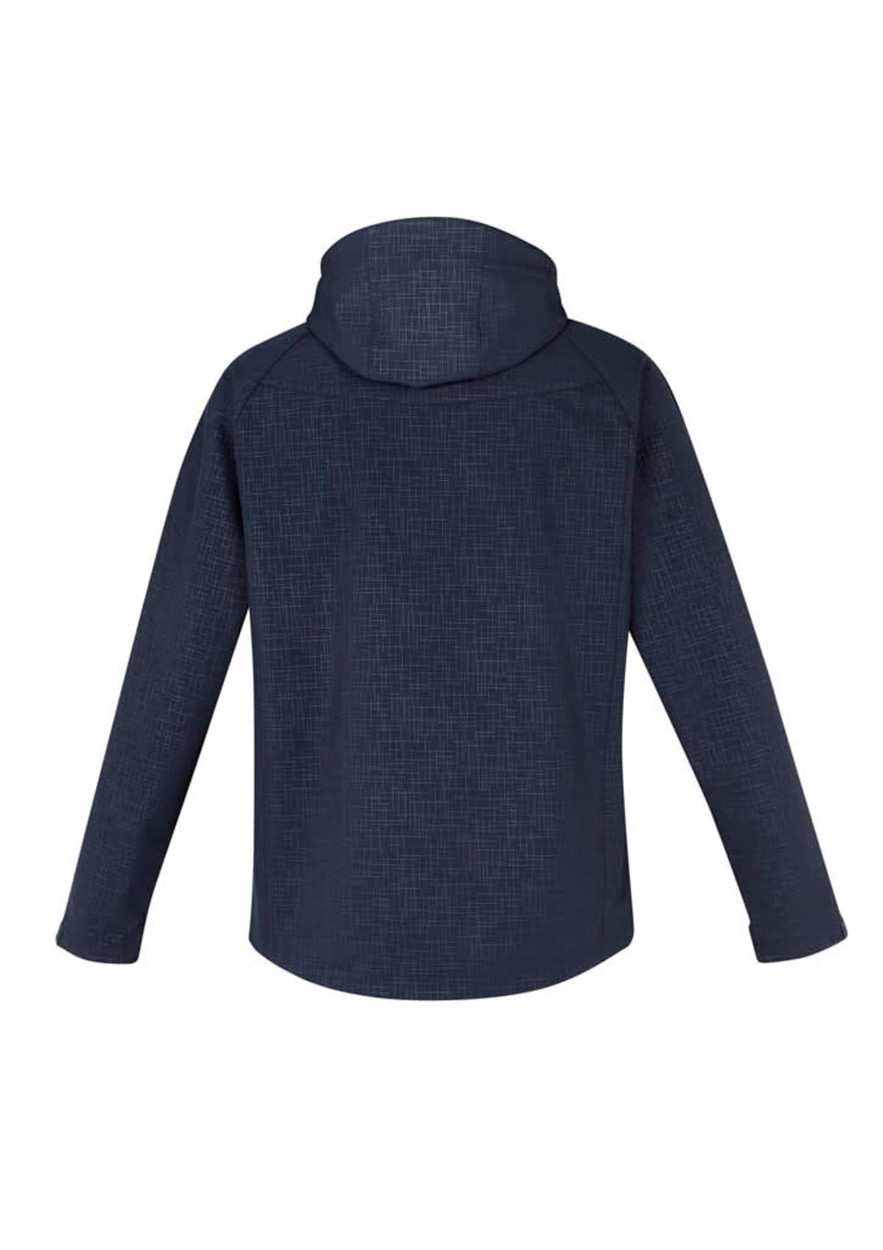 A men's soft shell jacket in dark navy with a textured pattern and a hood, featuring a logo on one side.