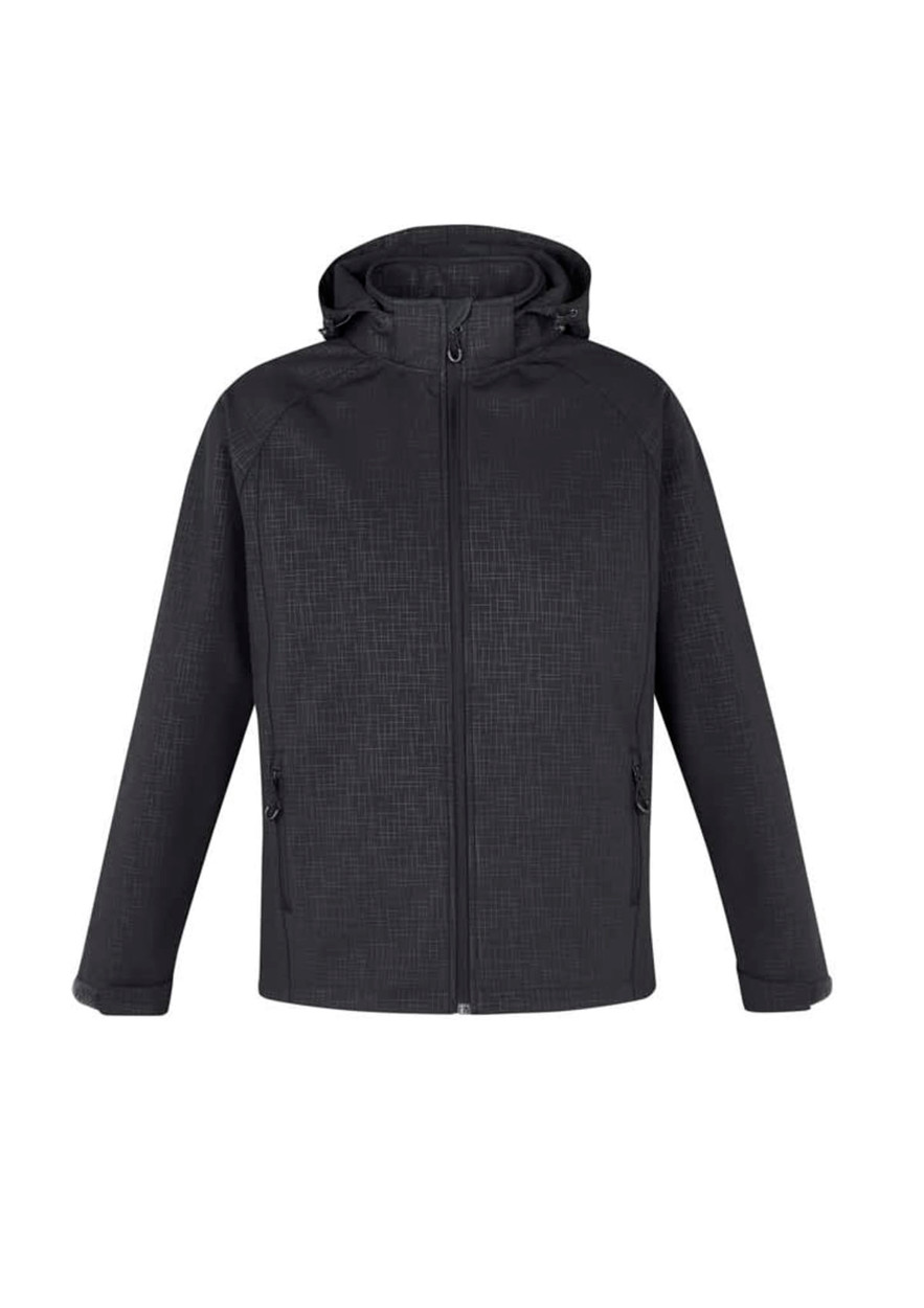 A soft shell jacket in dark grey featuring a hood and two side pockets, with a logo on the chest.