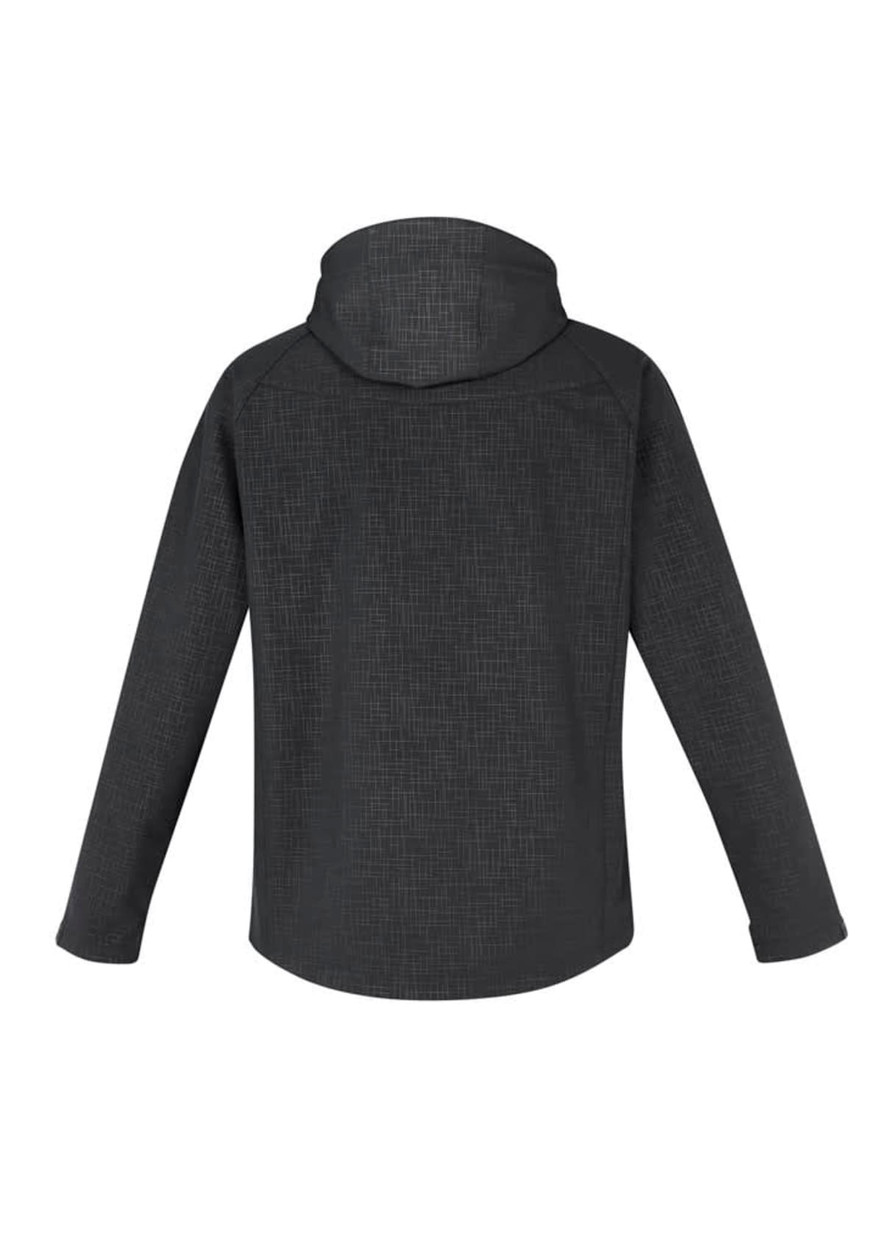 A soft shell jacket in dark grey with a hood, featuring a textured design and a logo on the back.