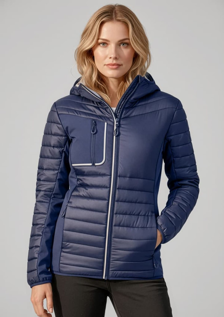 A navy unisex patrol jacket with a hood, featuring a zippered front and a chest pocket, with a logo.