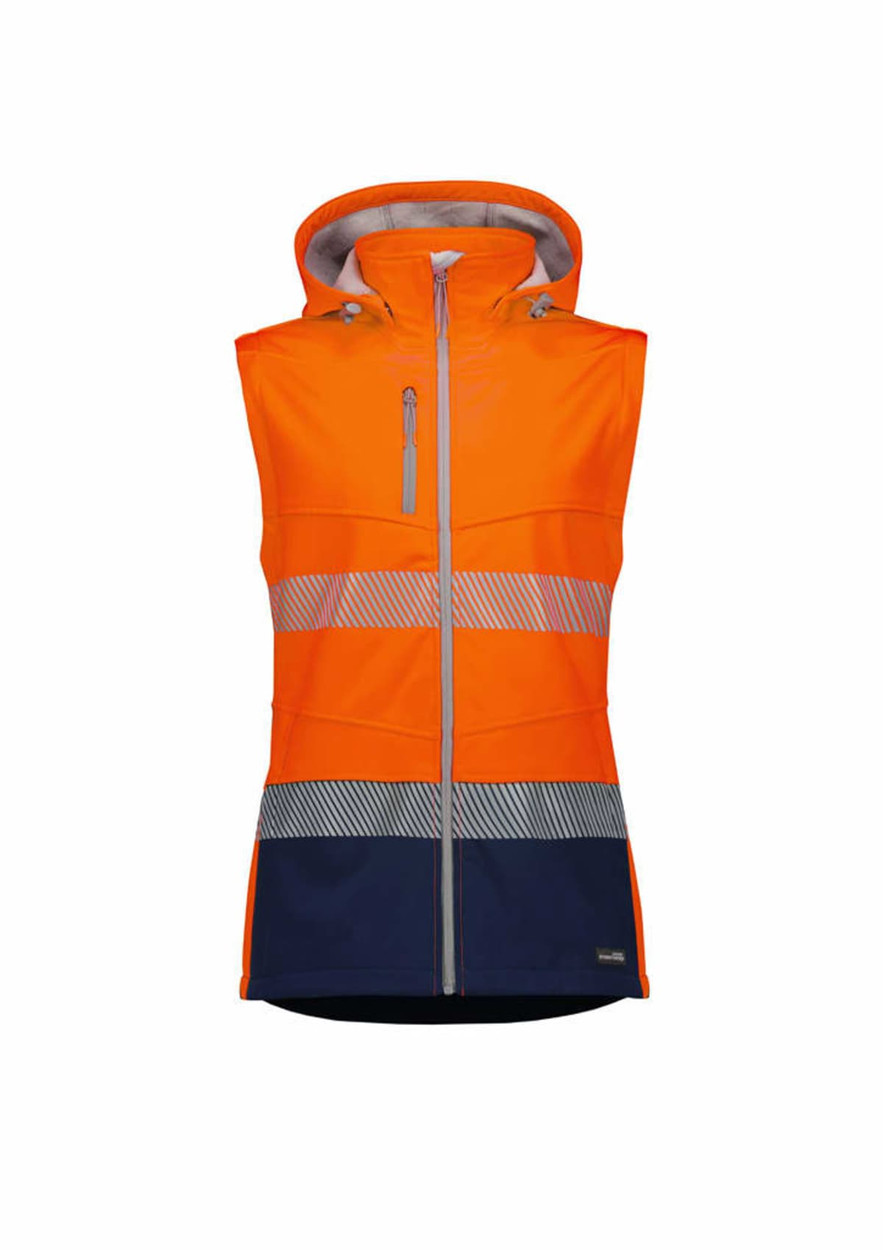 An orange and navy women's softshell work jacket with a hood and reflective stripes. It features a zip closure and a logo.