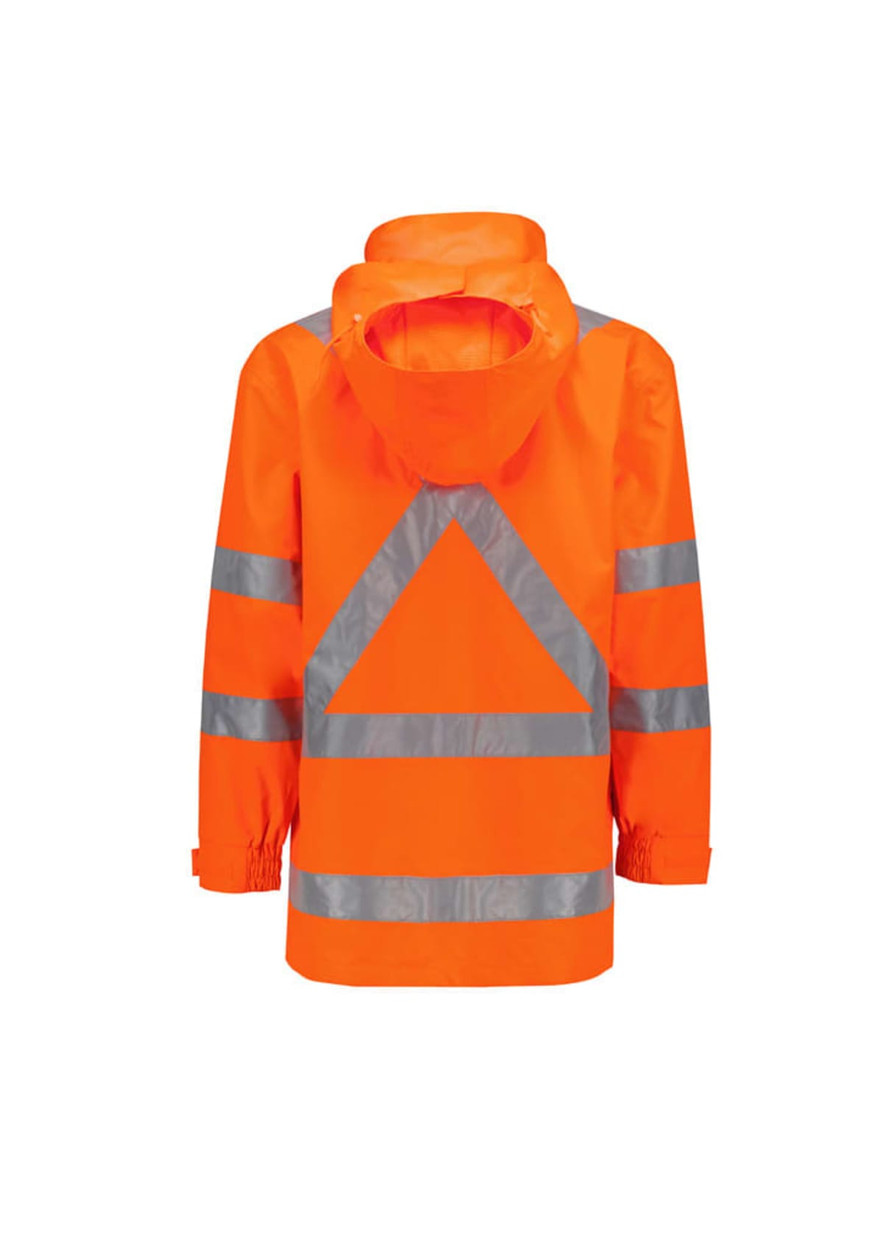An ultralite waterproof jacket in high visibility orange, featuring reflective strips and a hood.