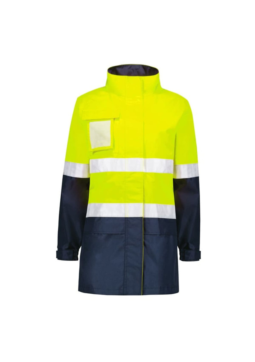 A waterproof jacket in high visibility yellow with navy blue accents and reflective stripes. Features a chest pocket and collar.