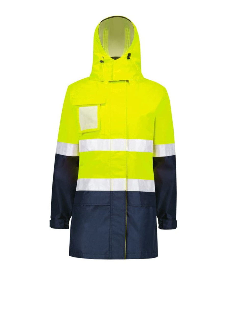 A high visibility ultralite waterproof jacket in bright yellow and navy, featuring reflective stripes and a hood.
