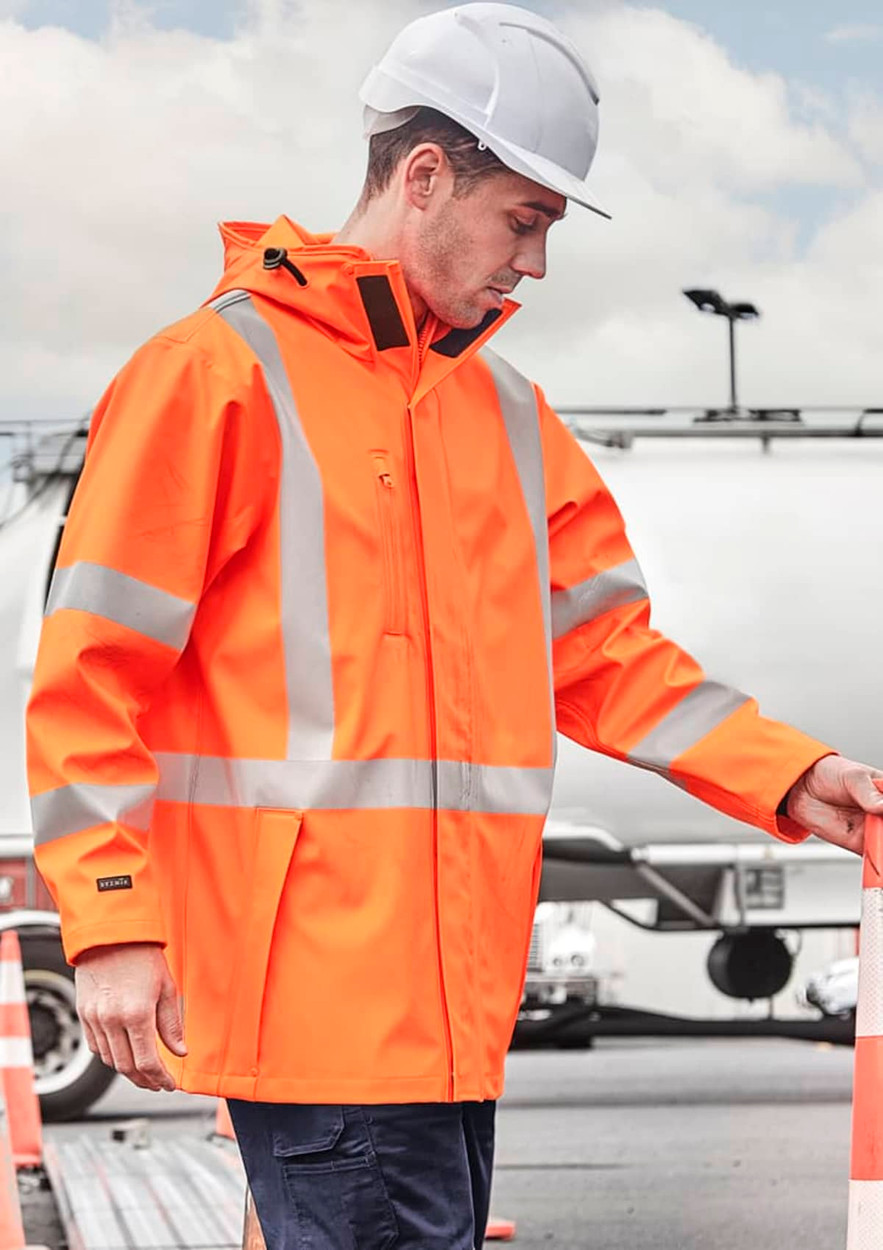 A heavy-duty waterproof jacket in bright orange with reflective stripes, worn by a person wearing a safety helmet.