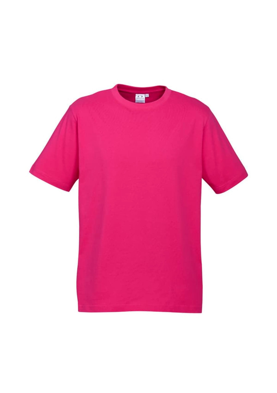 A pink short sleeve tee shirt featuring a standard crew neck and a logo. Perfect for casual wear.