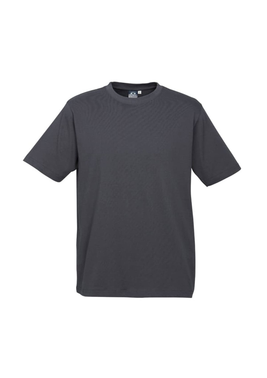 A grey short sleeve t-shirt with a round neckline and a logo on the label.