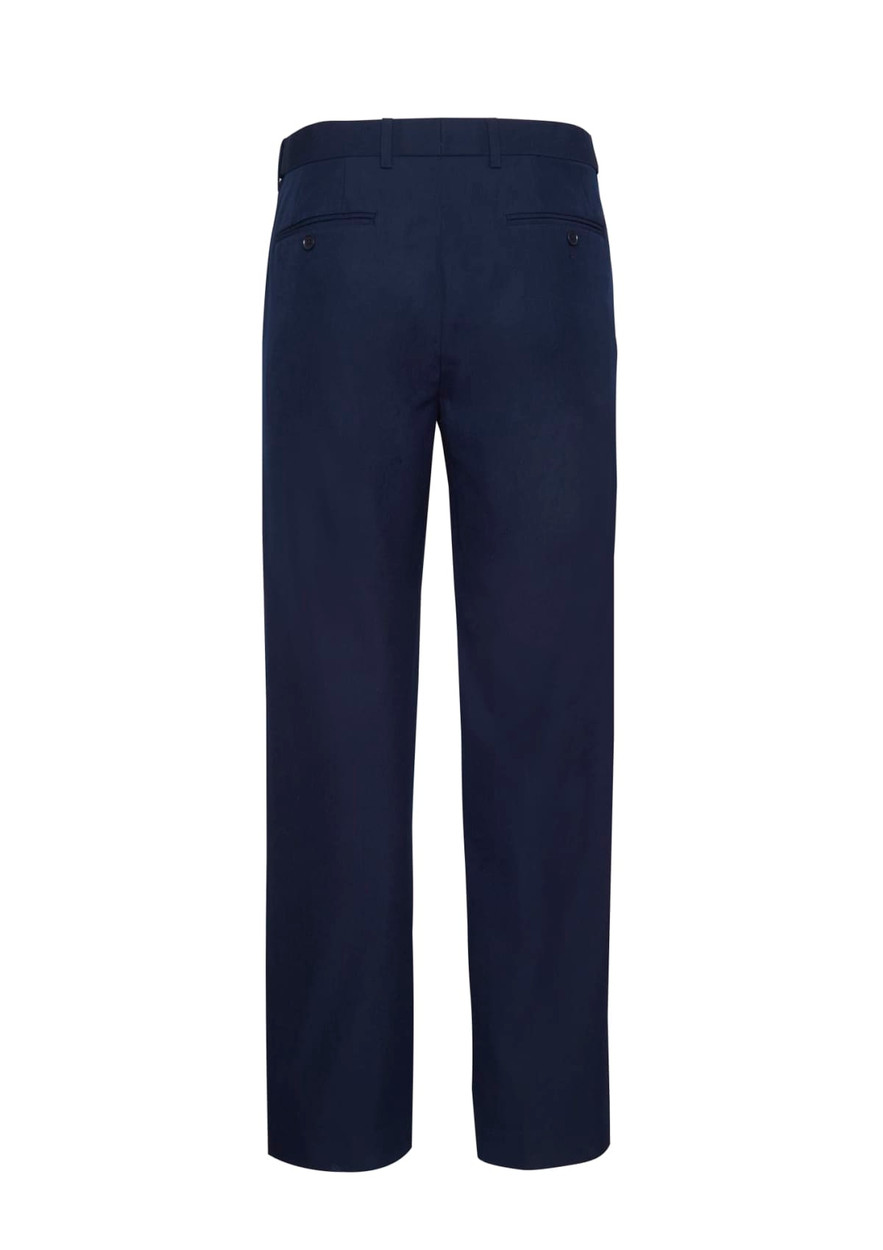 Navy adjustable waist men's slacks featuring two back pockets and a sleek design. Includes branding on waistband.
